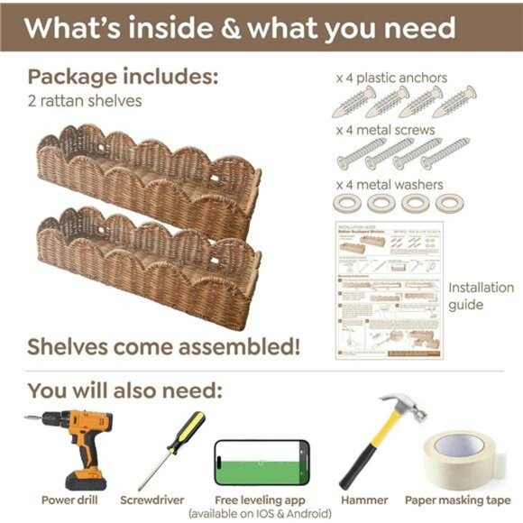 Set of 2 rattan nursery wall shelves wicker floating bookshelf kids room decor - Picture 6 of 7